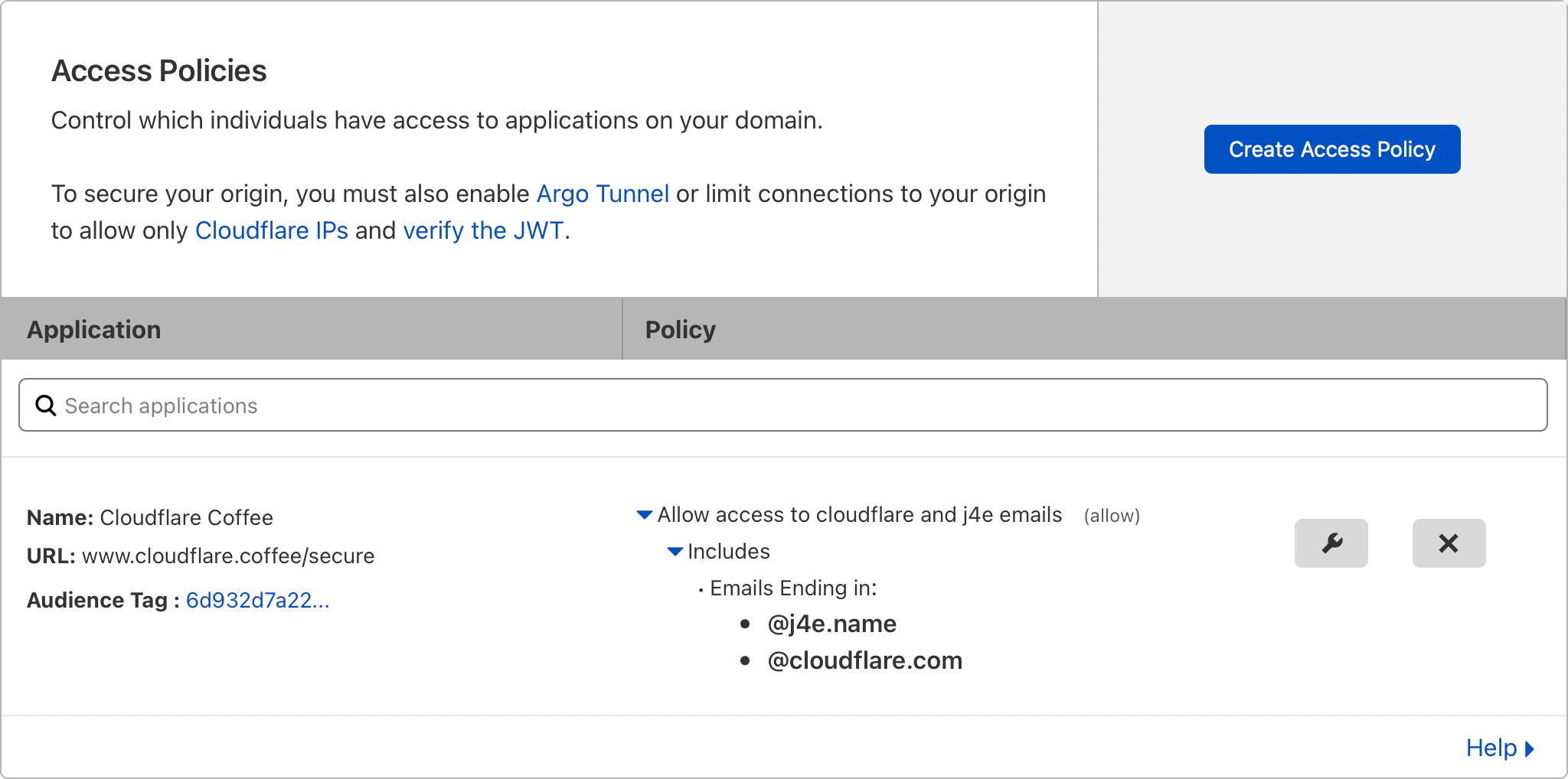 Cloudflare dashboard showing access policy
