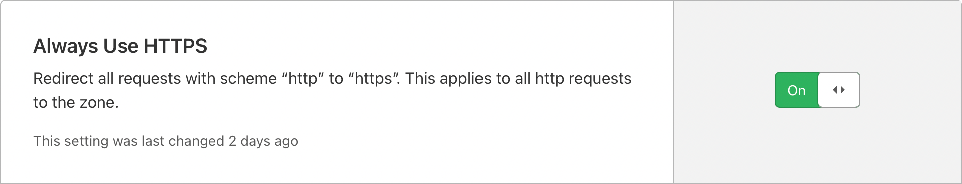 Cloudflare dashboard showing always use HTTPS