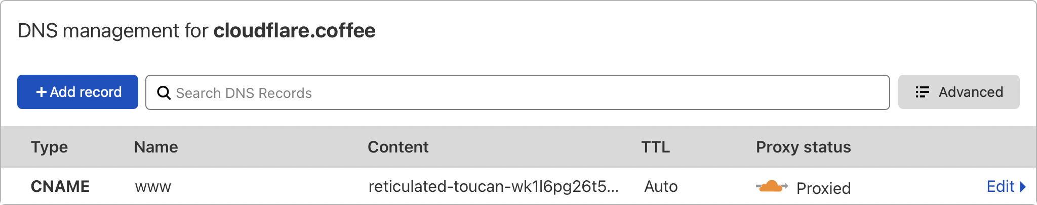 Cloudflare dashboard showing traffic to www.cloudflare.coffee is proxied through Cloudflare